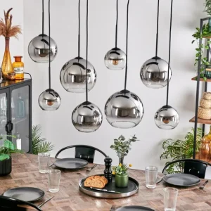 hofstein Suspension - Verre Koyoto Chrome, Clair, Fumé, 8 lumières* Lampes Modernes