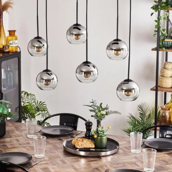 hofstein Suspension - Verre Koyoto Chrome, Clair, Fumé, 6 lumières* Lampes Modernes