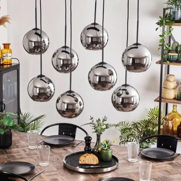 hofstein Suspension - Verre Koyoto Chrome, Fumé, 8 lumières* Lampes Modernes