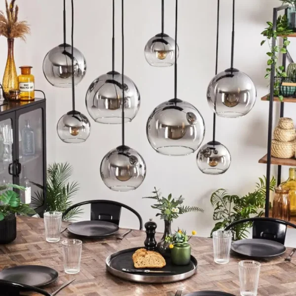hofstein Suspension - Verre Koyoto Clair, Fumé, 8 lumières* Lampes Modernes