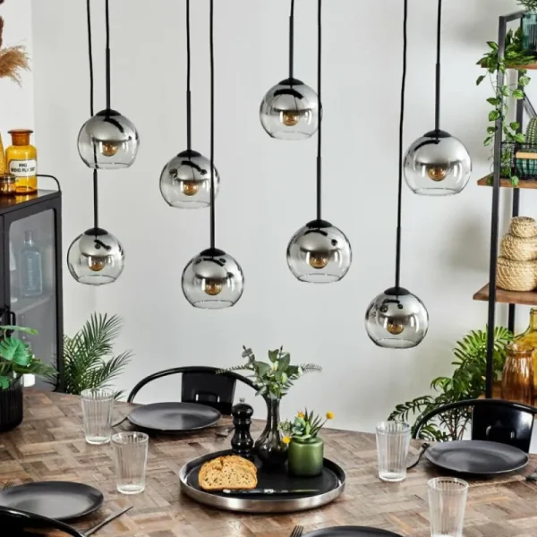 hofstein Suspension - Verre Koyoto Chrome, Clair, Fumé, 8 lumières* Lampes Modernes