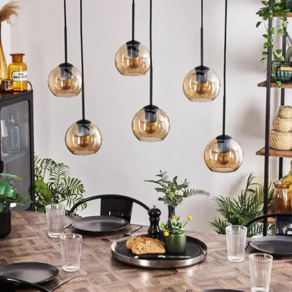 hofstein Suspension - Verre Koyoto Ambre, Clair, 6 lumières* Lampes En Verre