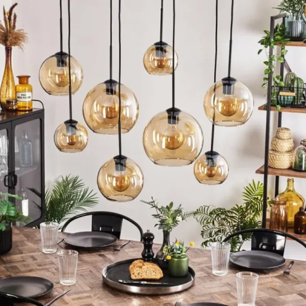 hofstein Suspension - Verre Koyoto Ambre, Clair, 8 lumières* Lampes En Verre