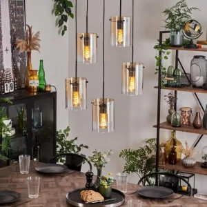 hofstein Suspension - Verre Parane Ambre, Clair, 5 lumières* Lampes En Verre