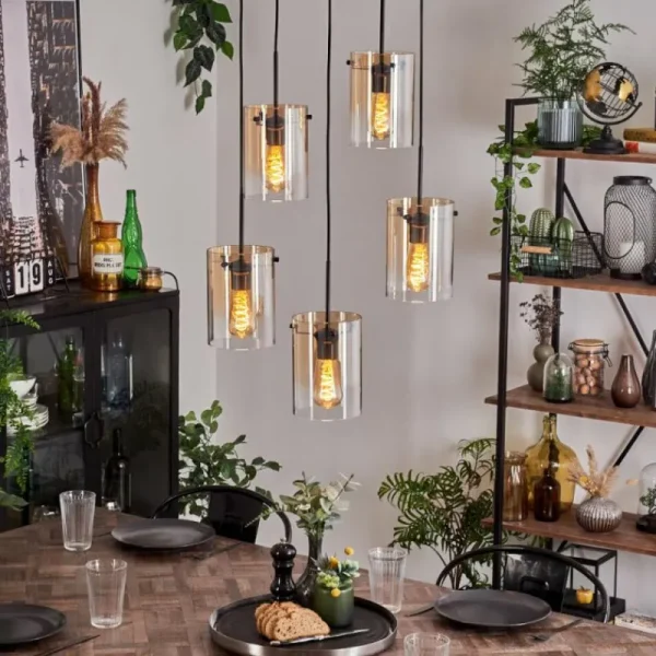 hofstein Suspension - Verre Parane Ambre, Clair, 5 lumières* Lampes En Verre