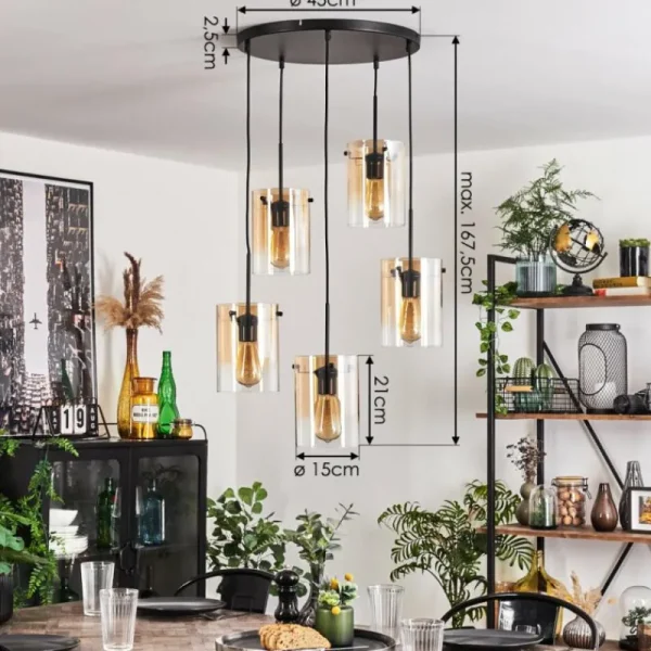 hofstein Suspension - Verre Parane Ambre, Clair, 5 lumières* Lampes En Verre