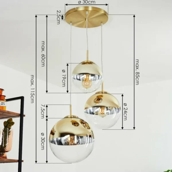 hofstein Suspension Degevos Or, 3 lumières* Lampes En Verre