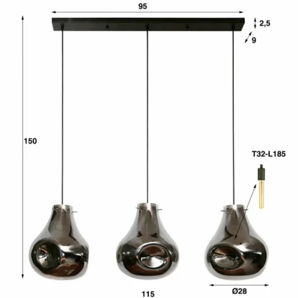 hofstein Suspension Dent Anthracite, 3 lumières* Lampes En Verre