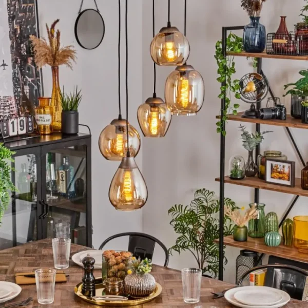 hofstein Suspension Echallens Argenté, 5 lumières* Lampes En Verre