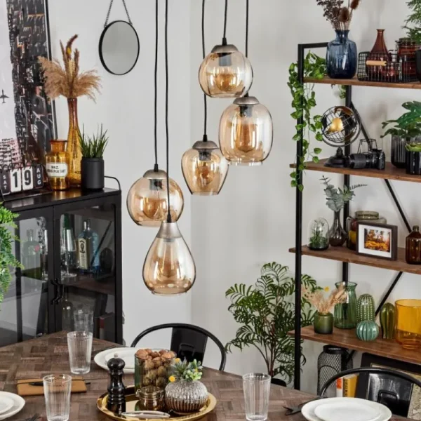hofstein Suspension Echallens Argenté, 5 lumières* Lampes En Verre