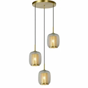 Luminaires Lucide Suspension Lucide AGATHA Or, Laiton, 3 lumières* Lampes En Verre