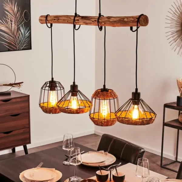 hofstein Suspension Ramon Bois clair, Noir, 4 lumières* Lampes Modernes