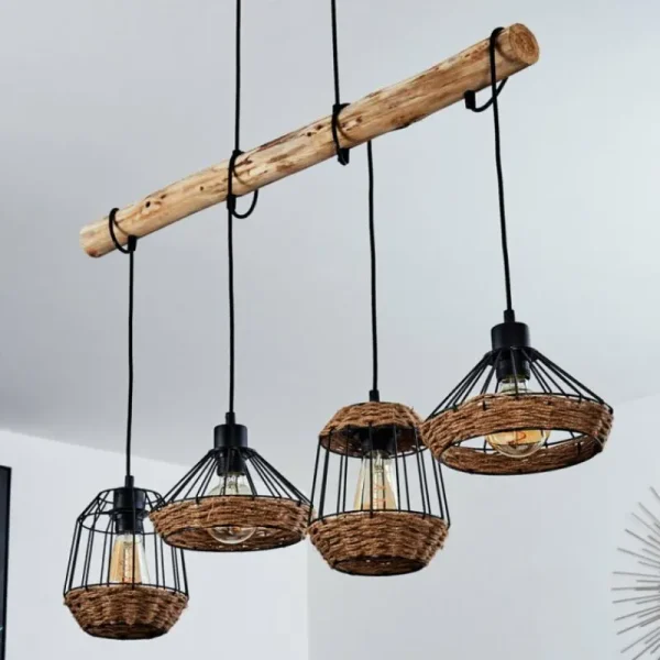 hofstein Suspension Ramon Bois clair, Noir, 4 lumières* Lampes Modernes