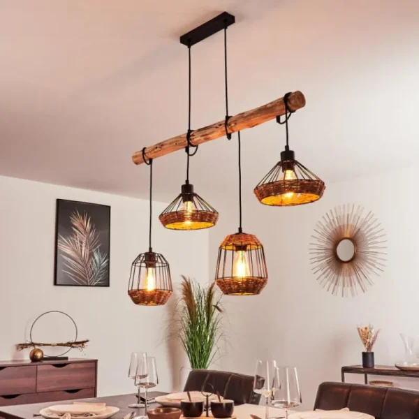 hofstein Suspension Ramon Bois clair, Noir, 4 lumières* Lampes Modernes