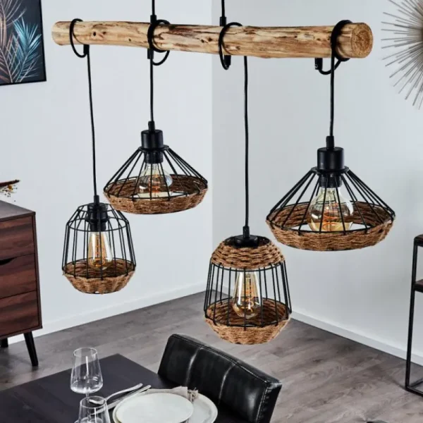 hofstein Suspension Ramon Bois clair, Noir, 4 lumières* Lampes Modernes