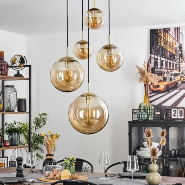 hofstein Suspension Verbania Laiton, Noir, 5 lumières* Lampes En Verre