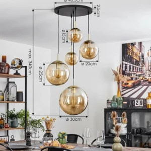 hofstein Suspension Verbania Laiton, Noir, 5 lumières* Lampes En Verre