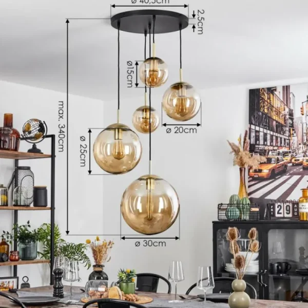 hofstein Suspension Verbania Laiton, Noir, 5 lumières* Lampes En Verre