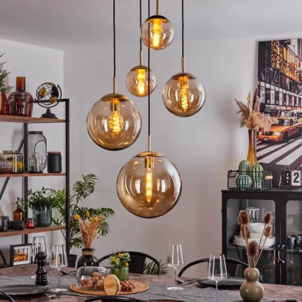 hofstein Suspension Verbania Laiton, Noir, 5 lumières* Lampes En Verre