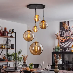 hofstein Suspension Verbania Laiton, Noir, 5 lumières* Lampes En Verre