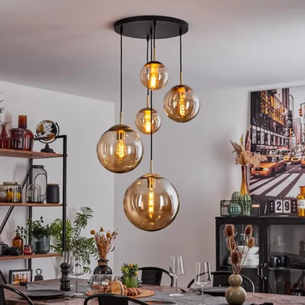 hofstein Suspension Verbania Laiton, Noir, 5 lumières* Lampes En Verre
