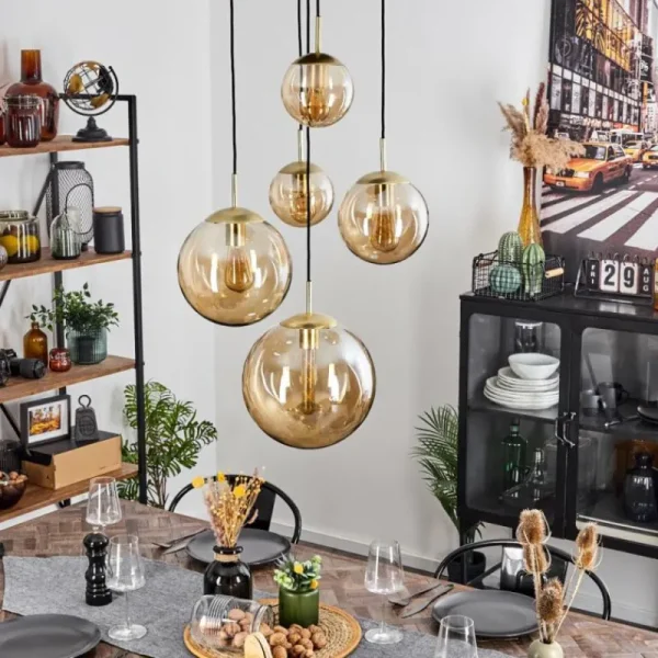 hofstein Suspension Verbania Laiton, Noir, 5 lumières* Lampes En Verre