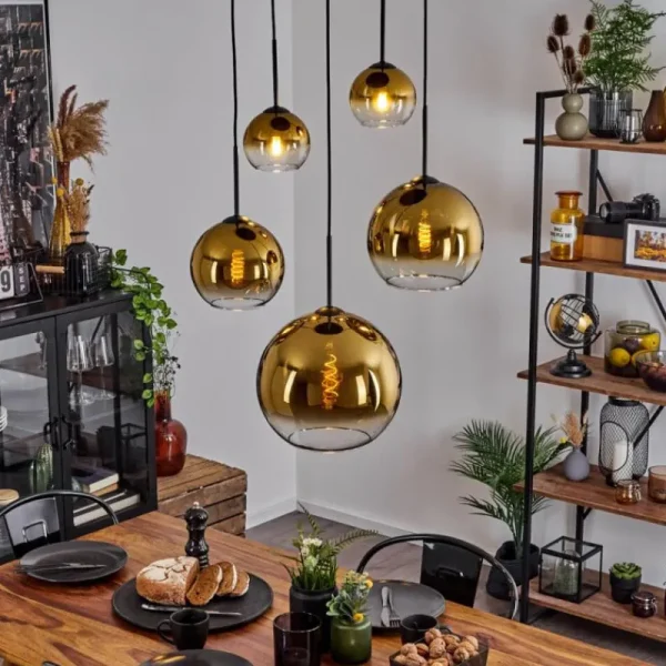 hofstein Suspension Verre 15 cm, 20 cm, 25 cm, 30cm Koyoto Or, Clair, 5 lumières* Lampes En Verre