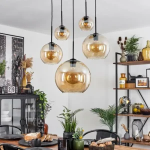 hofstein Suspension Verre 15 cm, 20 cm, 25 cm, 30cm Koyoto Ambre, 5 lumières* Lampes En Verre