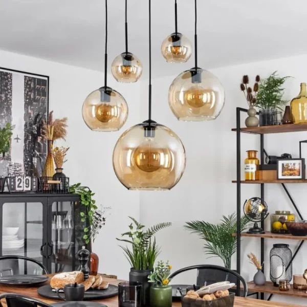 hofstein Suspension Verre 15 cm, 20 cm, 25 cm, 30cm Koyoto Ambre, 5 lumières* Lampes En Verre