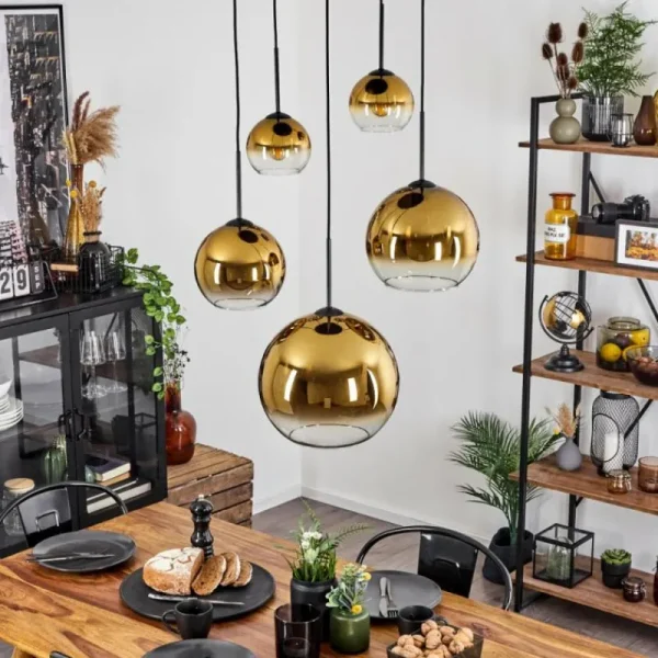 hofstein Suspension Verre 15 cm, 20 cm, 25 cm, 30cm Koyoto Or, Clair, 5 lumières* Lampes En Verre
