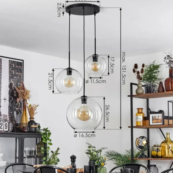 hofstein Suspension Verre 20 cm, 25 cm, 30cm Koyoto Clair, 3 lumières* Lampes En Verre