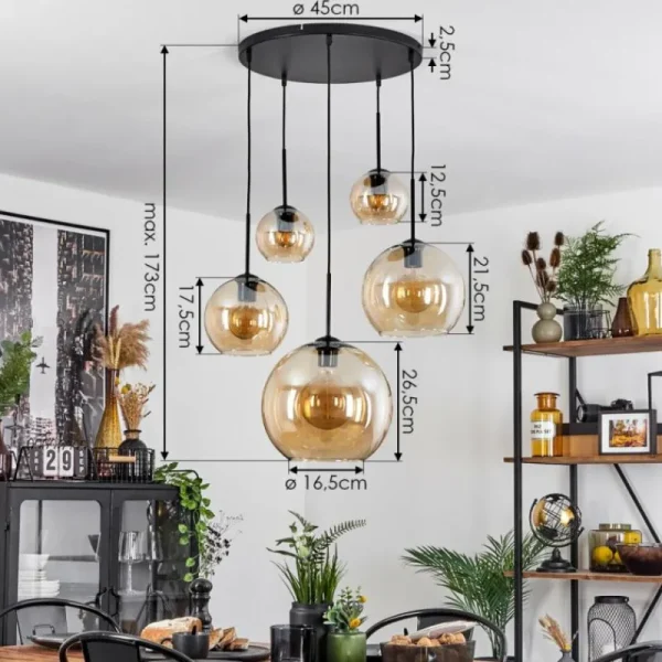 hofstein Suspension Verre 15 cm, 20 cm, 25 cm, 30cm Koyoto Ambre, 5 lumières* Lampes En Verre