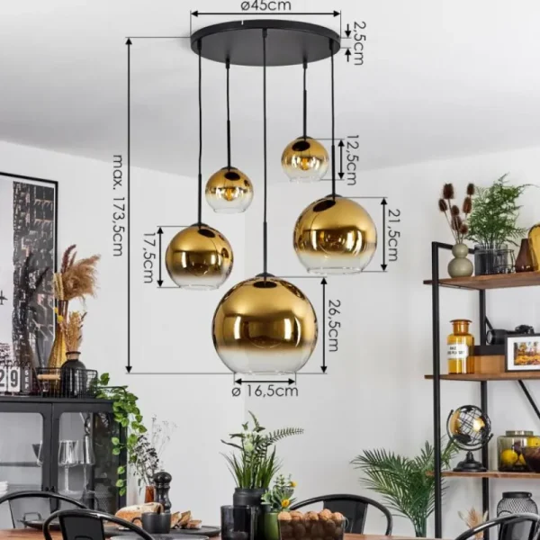 hofstein Suspension Verre 15 cm, 20 cm, 25 cm, 30cm Koyoto Or, Clair, 5 lumières* Lampes En Verre