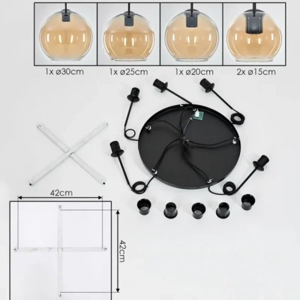 hofstein Suspension Verre 15 cm, 20 cm, 25 cm, 30cm Koyoto Ambre, 5 lumières* Lampes En Verre
