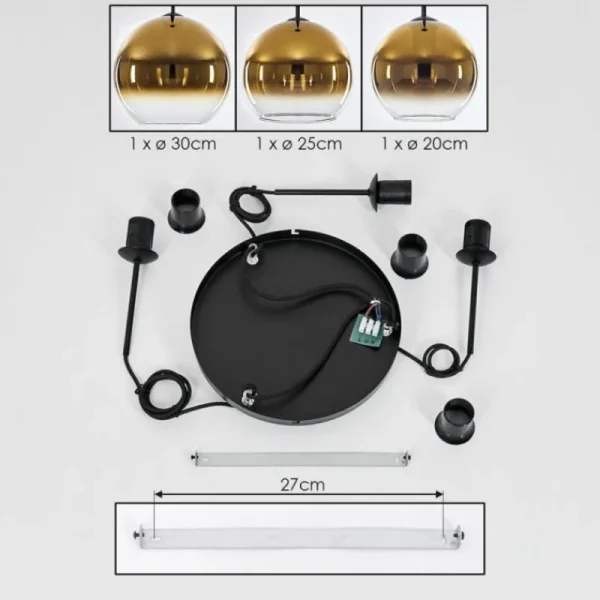 hofstein Suspension Verre 20 cm, 25 cm, 30cm Koyoto Or, Clair, 3 lumières* Lampes En Verre