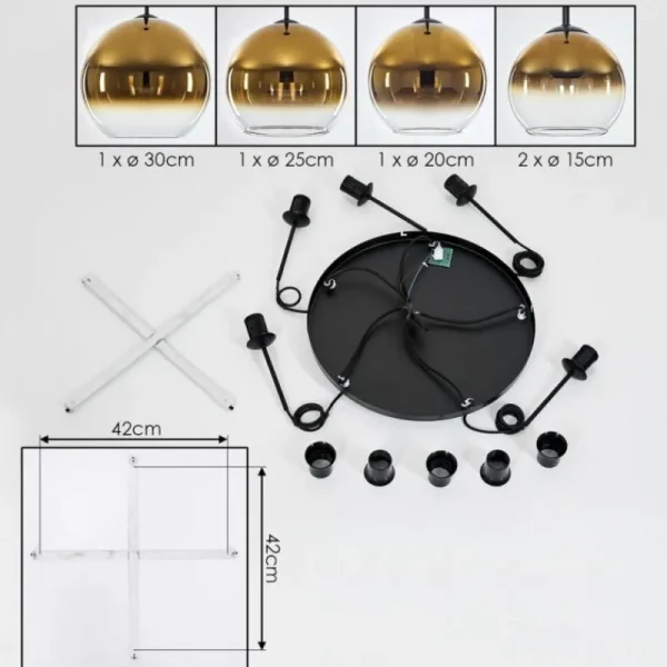 hofstein Suspension Verre 15 cm, 20 cm, 25 cm, 30cm Koyoto Or, Clair, 5 lumières* Lampes En Verre