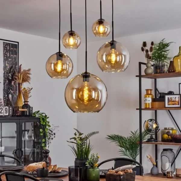 hofstein Suspension Verre 15 cm, 20 cm, 25 cm, 30cm Koyoto Ambre, 5 lumières* Lampes En Verre