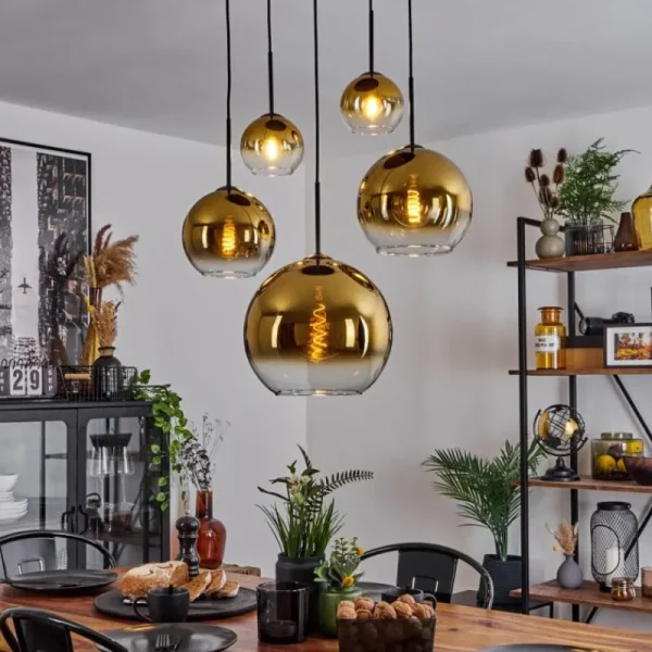 hofstein Suspension Verre 15 cm, 20 cm, 25 cm, 30cm Koyoto Or, Clair, 5 lumières* Lampes En Verre