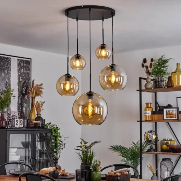 hofstein Suspension Verre 15 cm, 20 cm, 25 cm, 30cm Koyoto Ambre, 5 lumières* Lampes En Verre