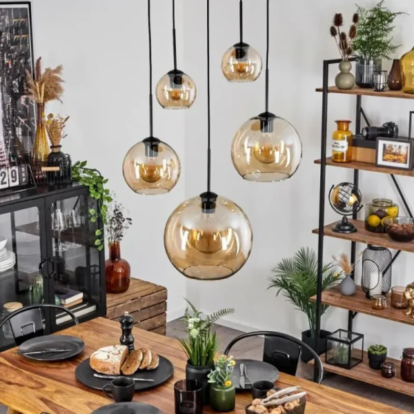 hofstein Suspension Verre 15 cm, 20 cm, 25 cm, 30cm Koyoto Ambre, 5 lumières* Lampes En Verre