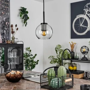 hofstein Suspension Verre 15 cm Koyoto Acier inoxydable, Noir, 1 lumière* Lampes En Verre