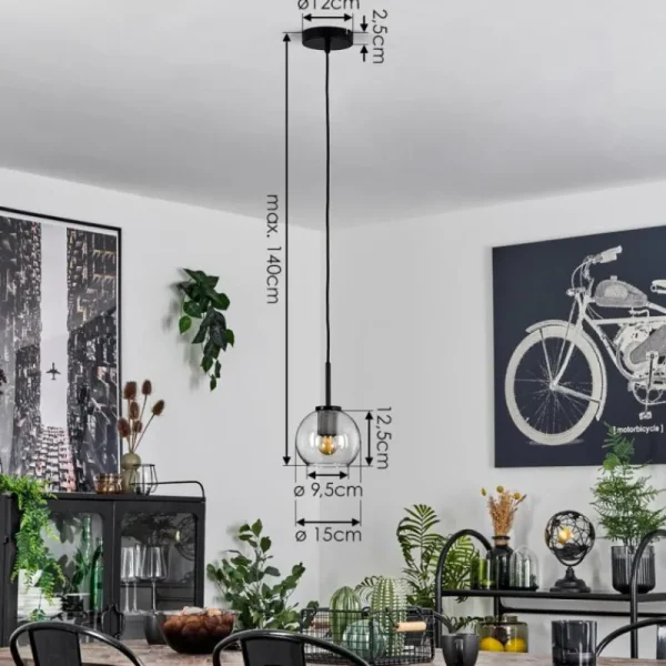 hofstein Suspension Verre 15 cm Koyoto Acier inoxydable, Noir, 1 lumière* Lampes En Verre