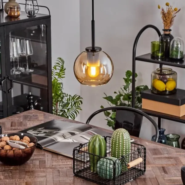hofstein Suspension Verre 15 cm Koyoto Acier inoxydable, Noir, 1 lumière* Lampes En Verre