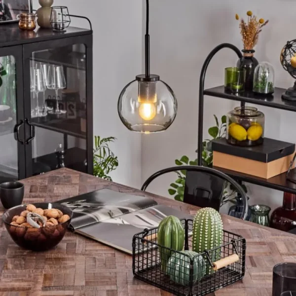 hofstein Suspension Verre 15 cm Koyoto Acier inoxydable, Noir, 1 lumière* Lampes En Verre