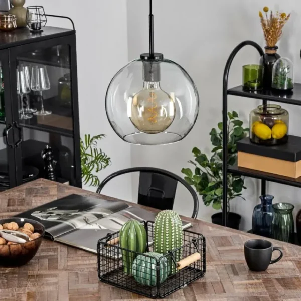 hofstein Suspension Verre 25 cm Koyoto Acier inoxydable, Noir, 1 lumière* Lampes En Verre