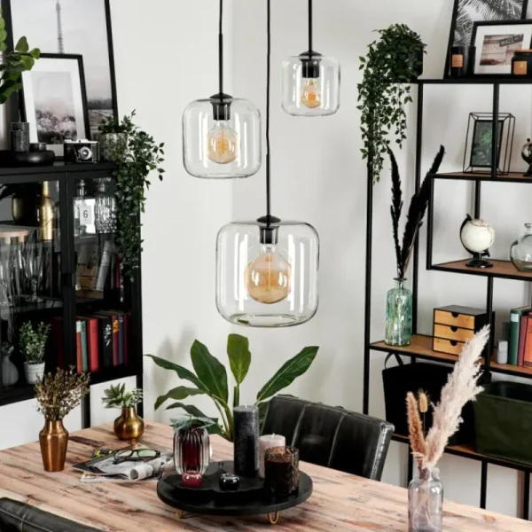 hofstein Suspension Verre 25cm, 20cm, 15cm Lauden Clair, 3 lumières* Lampes En Verre