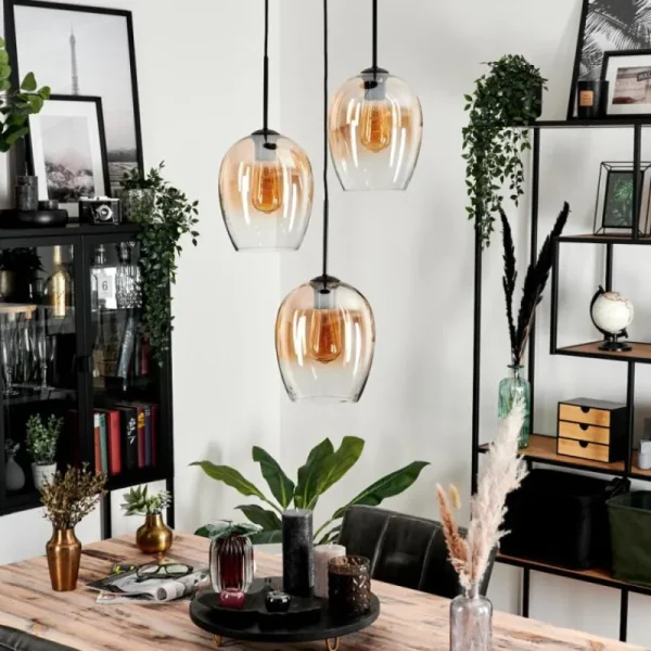 hofstein Suspension Verre 20cm Vevino Ambre, Clair, 3 lumières* Lampes En Verre