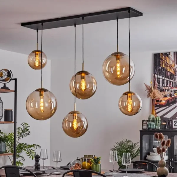 hofstein Suspension Voluntad Laiton, Noir, 6 lumières* Lampes En Verre
