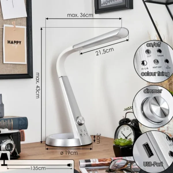 hofstein Tykby Lampe de bureau, Lampe à poser, Liseuse LED Argenté, Blanc, 1 lumière, Changeur de couleurs* Lampes Modernes