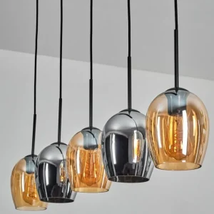 hofstein Vevino Suspension Ambre, Chrome, 5 lumières* Lampes En Verre